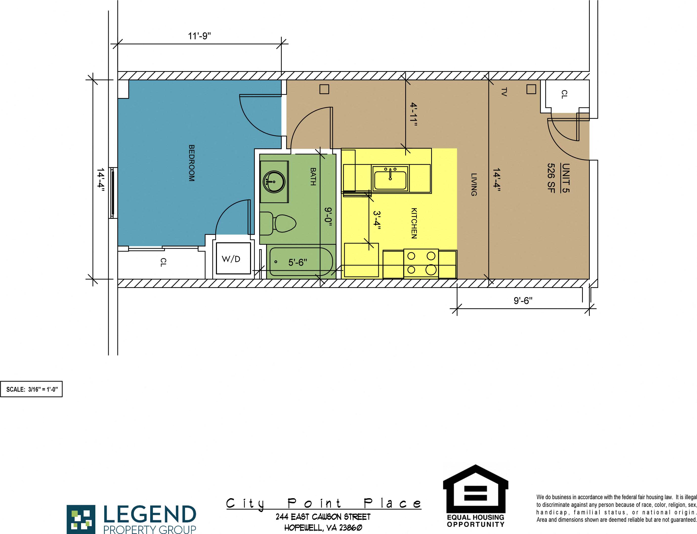 Floor plan for 1 bed, 1 bath, 526 sqft